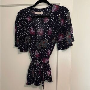 LOFT Navy and Purple Floral Polka Dot Blouse